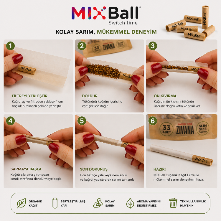33 Adet Mixball Organik Kağıt Filtre 8 mm × 20 mm – Slim Seri (Sertleştirilmiş)