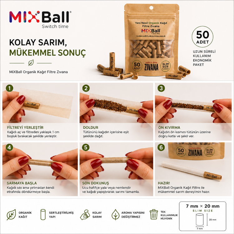 50 Adet Mixball Organik Kağıt Filtre 8 mm × 20 mm – Slim Seri (Sertleştirilmiş)