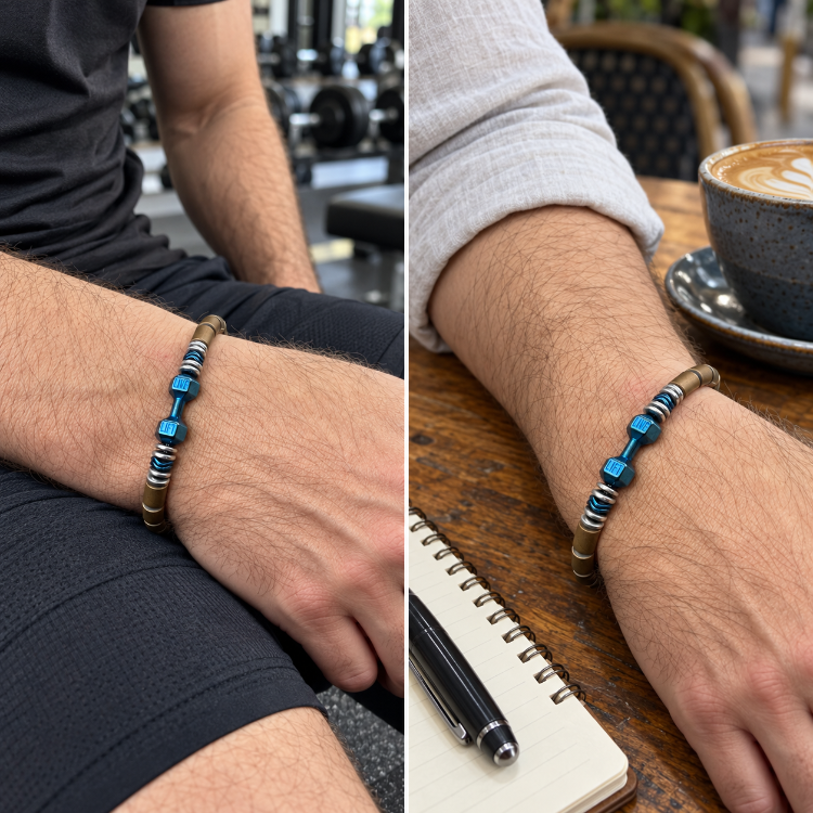 Mavi Dumbbell Erkek Bileklik – Bronz Silindir, Gümüş Halka ve Dalgalı Mavi