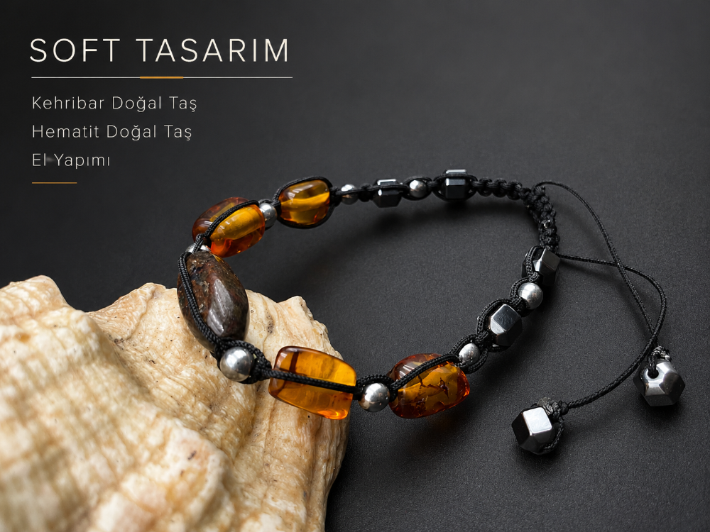 Kehribar ve Hematit Doğal Taş Unisex Bileklik – El Yapımı Ayarlanabilir Siyah Makrome Tasarım