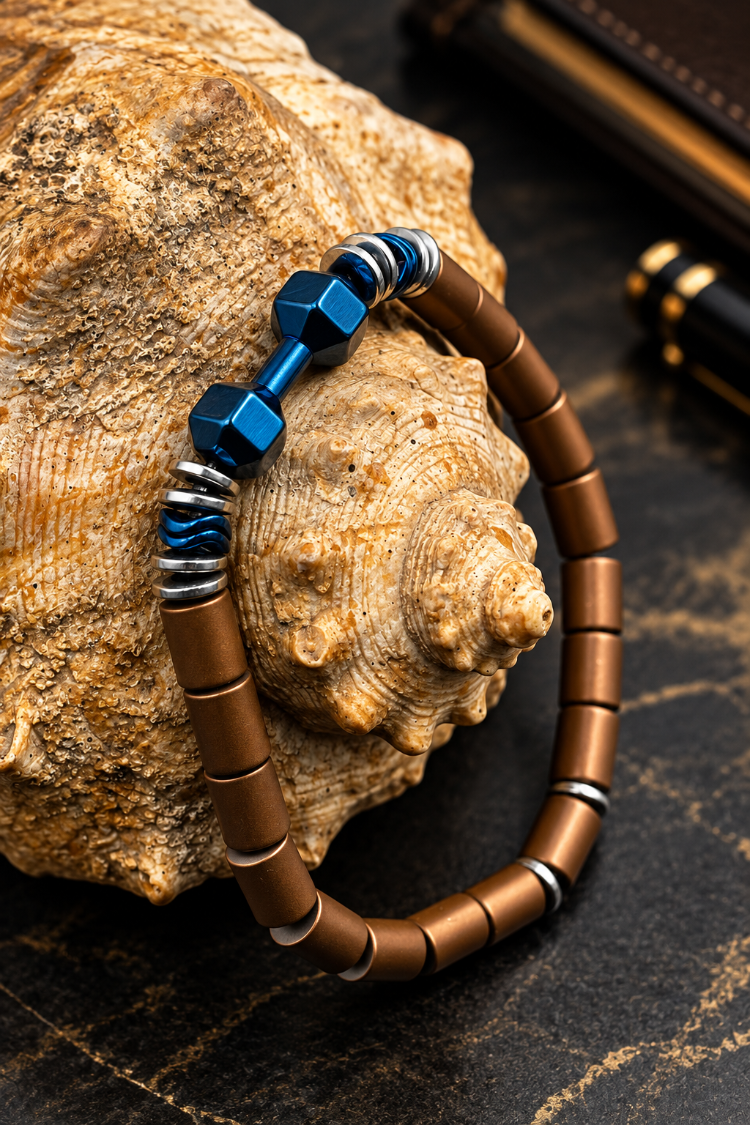 Mavi Dumbbell Erkek Bileklik – Bronz Silindir, Gümüş Halka ve Dalgalı Mavi