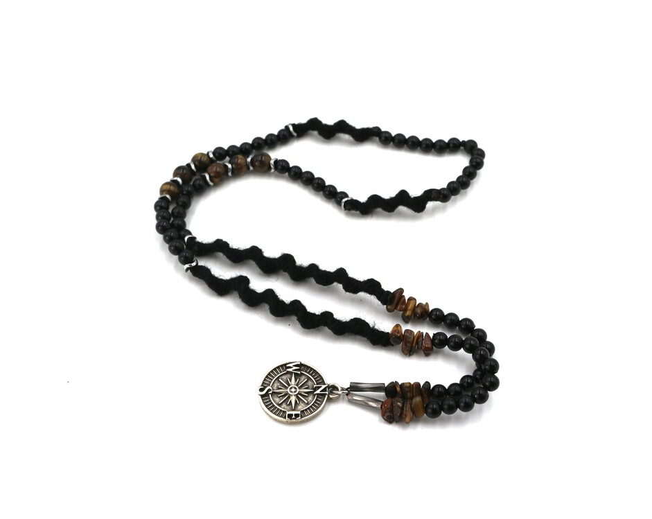 Handmade Men's Natural Stone Necklace – Tiger's Eye with Compass Pendant, Unique & Spe