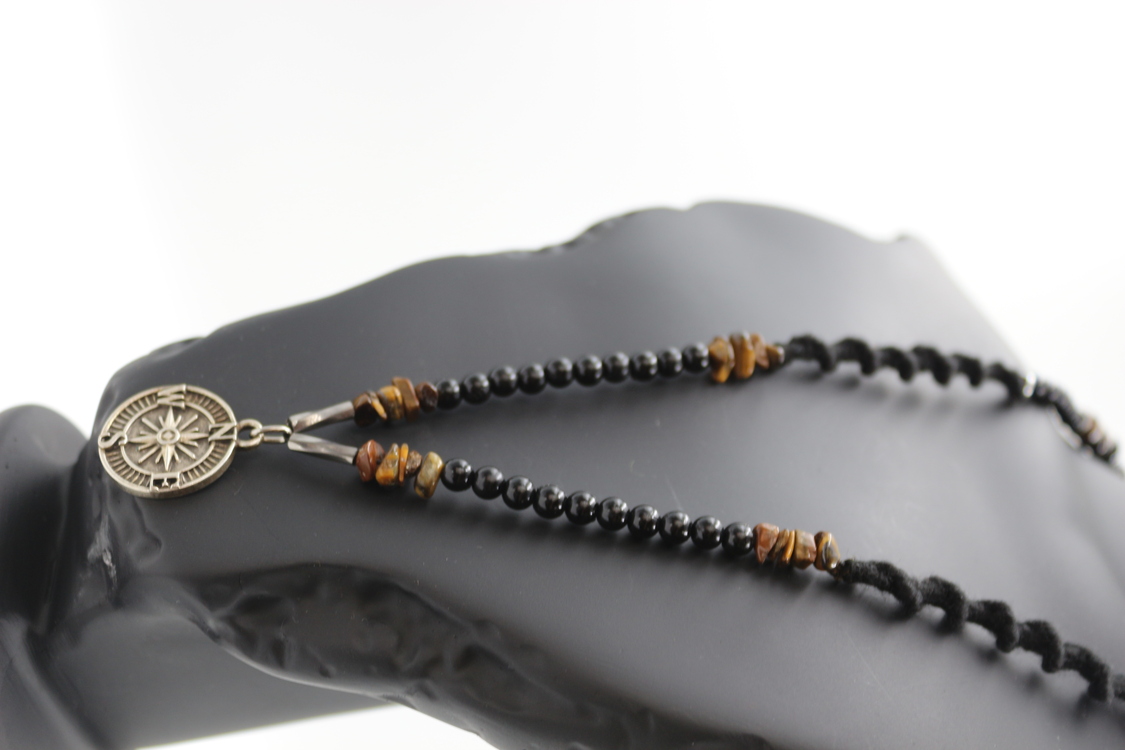 Handmade Men's Natural Stone Necklace – Tiger's Eye with Compass Pendant, Unique & Spe