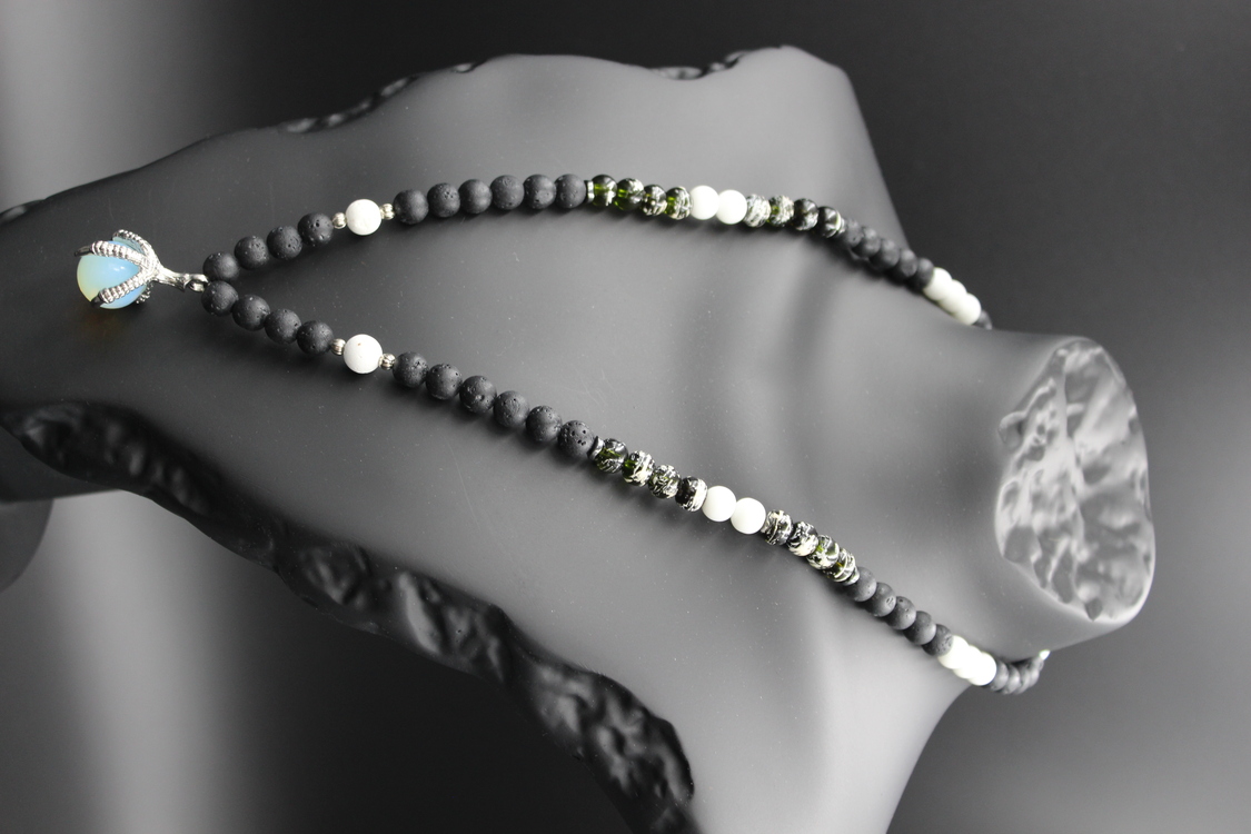 Handmade Volcanic Stone Necklace with 'Bird Claw' Pendant & Opalite – Ethnic Amulet
