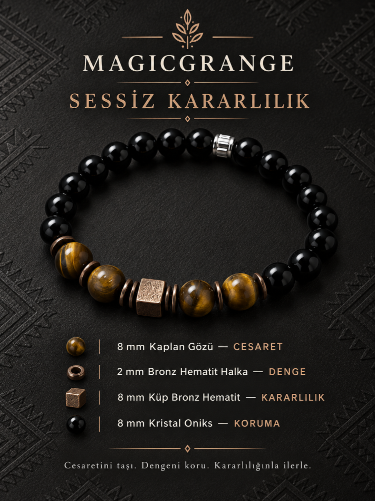 MagicGrange Erkek Doğal Taş Bileklik 8 mm Kaplan Gözü Kristal Oniks Bronz Hematit Küp Detaylı