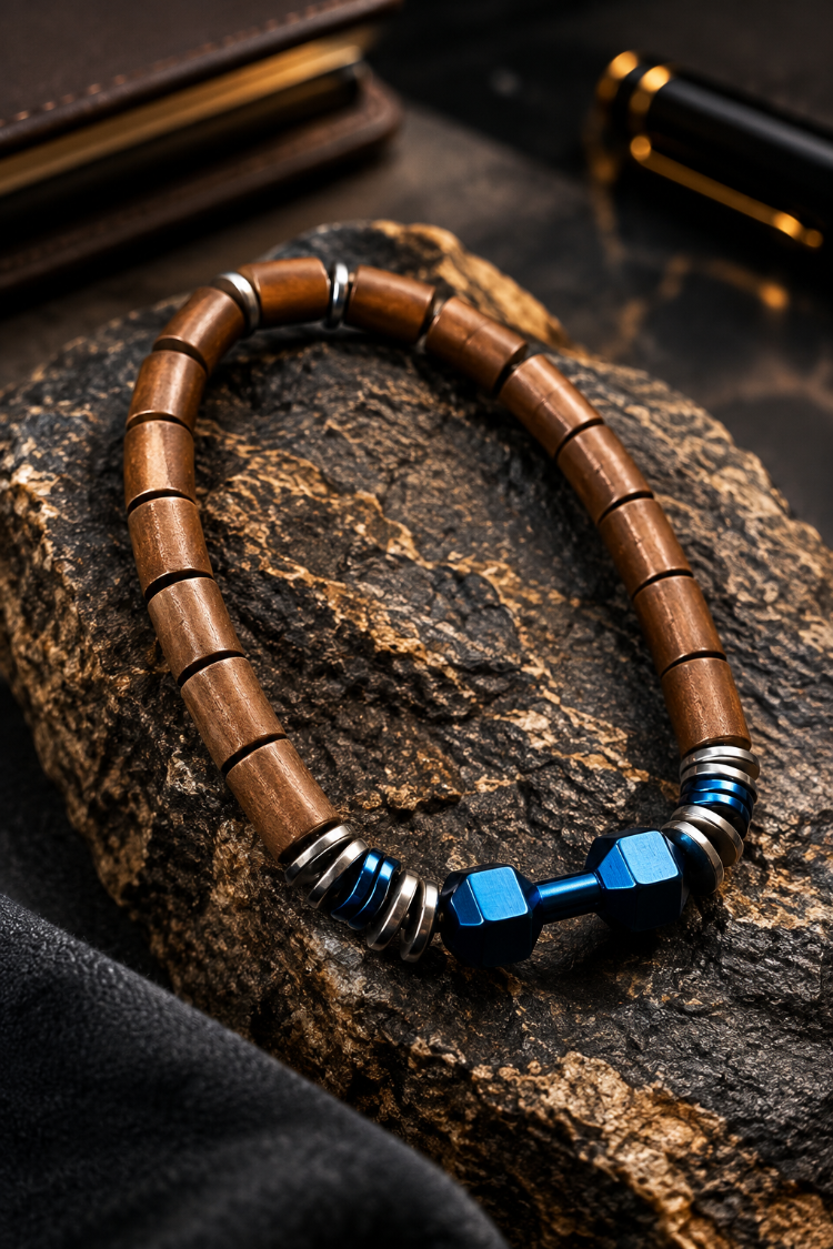 Mavi Dumbbell Erkek Bileklik – Bronz Silindir, Gümüş Halka ve Dalgalı Mavi