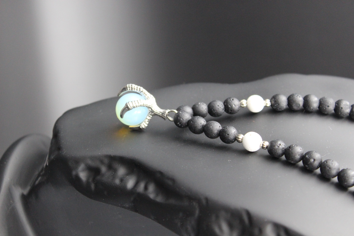 Handmade Volcanic Stone Necklace with 'Bird Claw' Pendant & Opalite – Ethnic Amulet