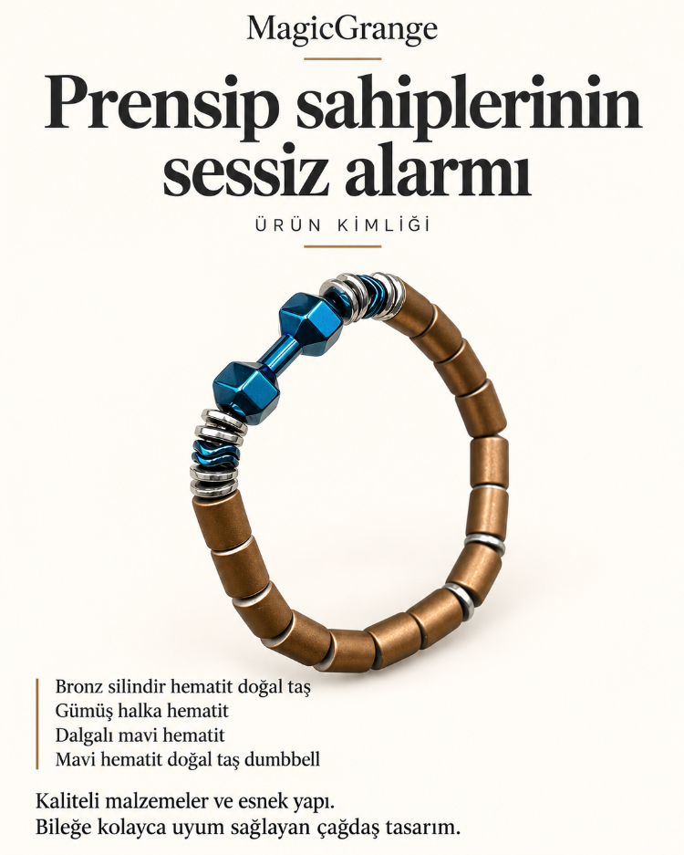 Mavi Dumbbell Erkek Bileklik – Bronz Silindir, Gümüş Halka ve Dalgalı Mavi