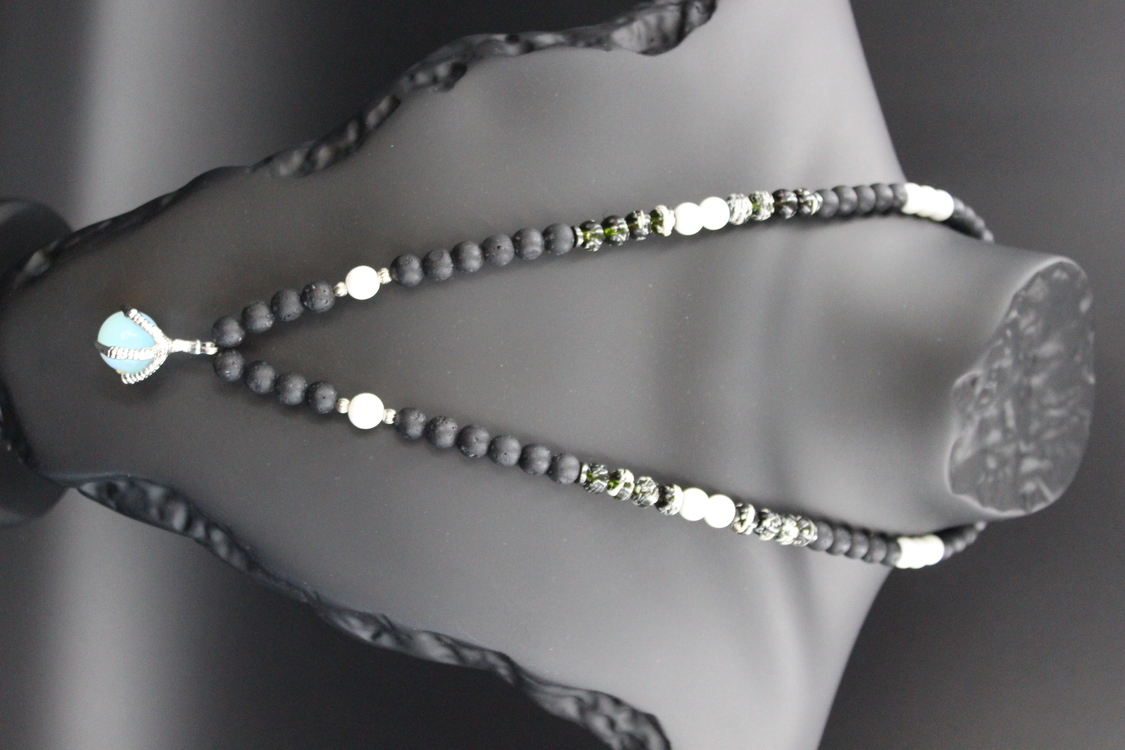 Handmade Volcanic Stone Necklace with 'Bird Claw' Pendant & Opalite – Ethnic Amulet