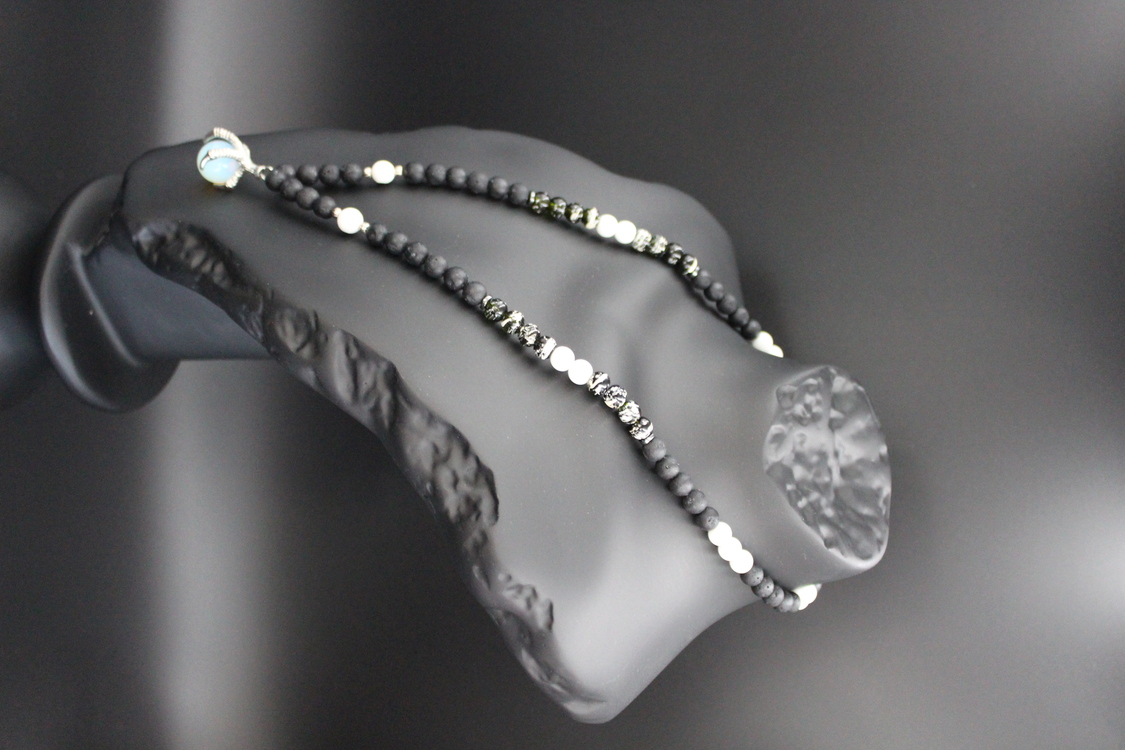 Handmade Volcanic Stone Necklace with 'Bird Claw' Pendant & Opalite – Ethnic Amulet