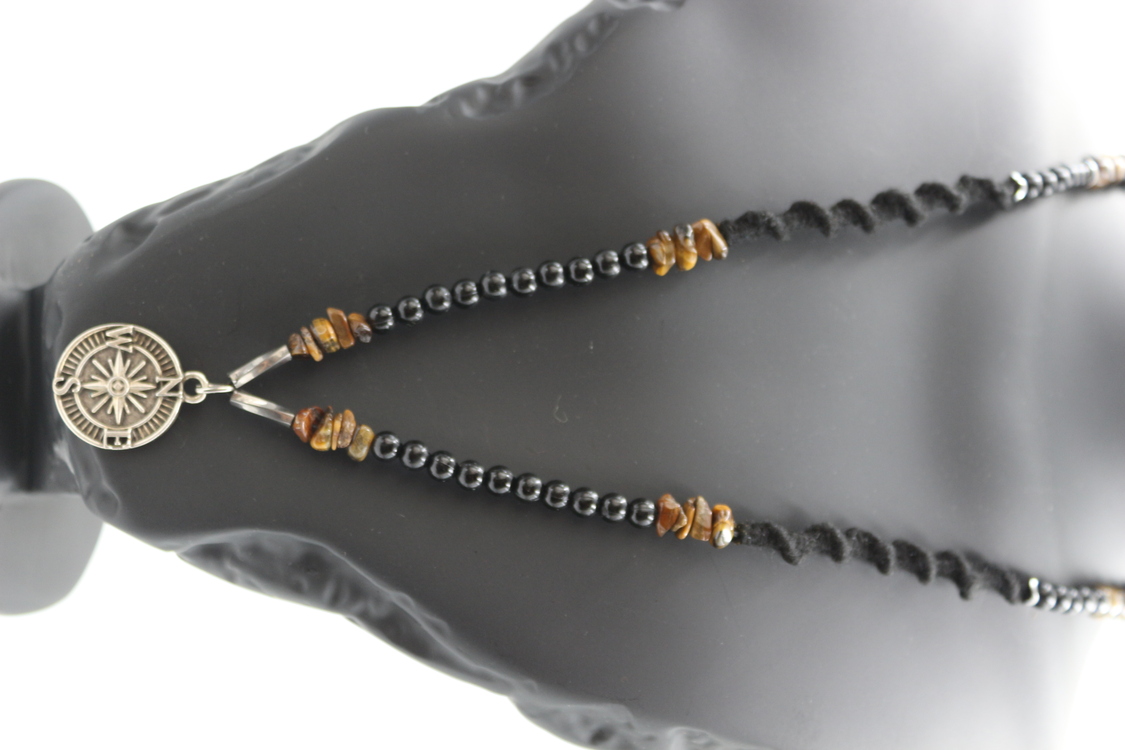 Handmade Men's Natural Stone Necklace – Tiger's Eye with Compass Pendant, Unique & Spe