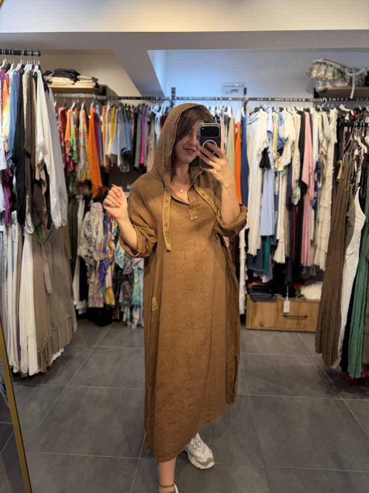 Oversize Kapsonlu Keten Elbise