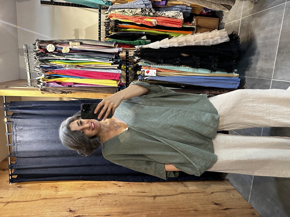 Tek Düğmeli Oversize Keten Bluz