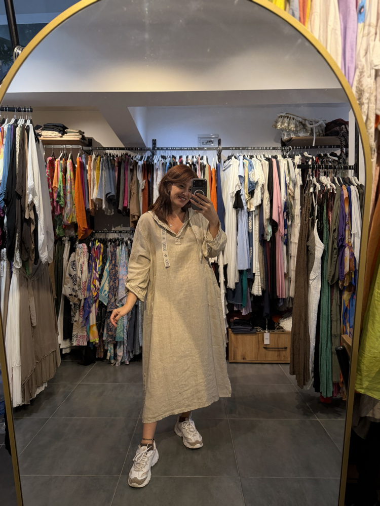 Oversize Kapsonlu Keten Elbise