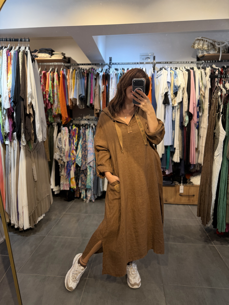 Oversize Kapsonlu Keten Elbise