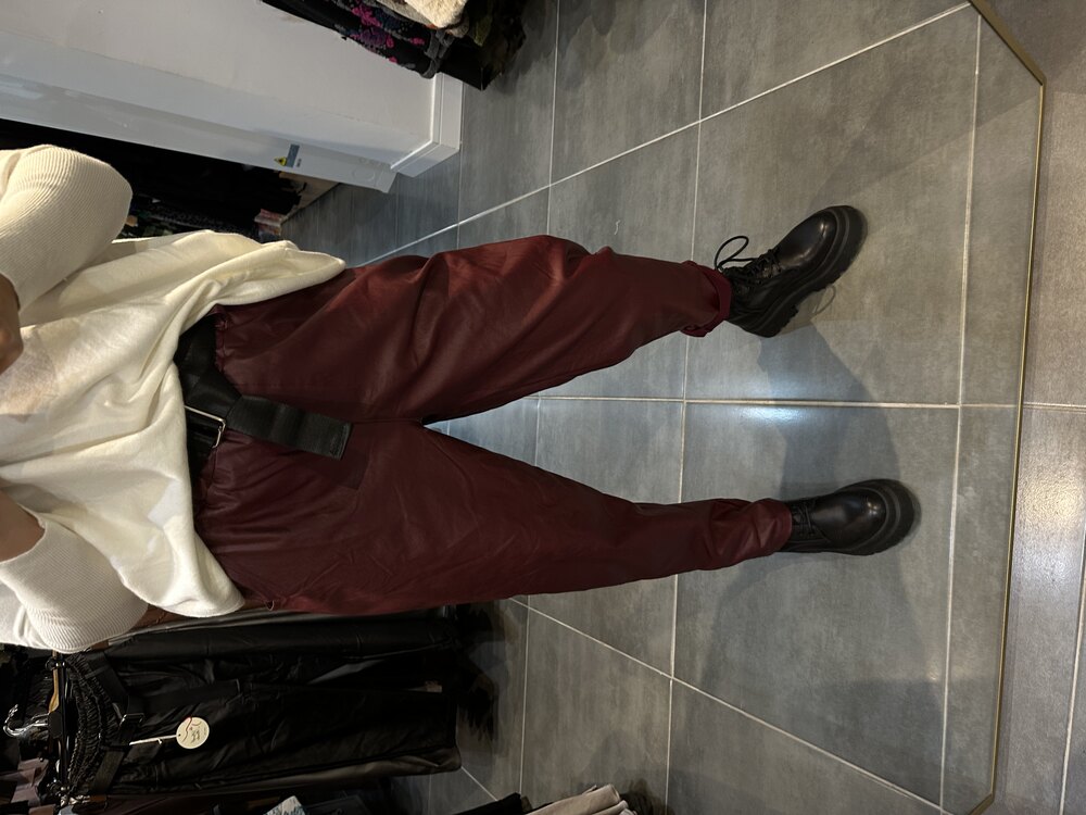 Bordo Mom Deri Pantolon