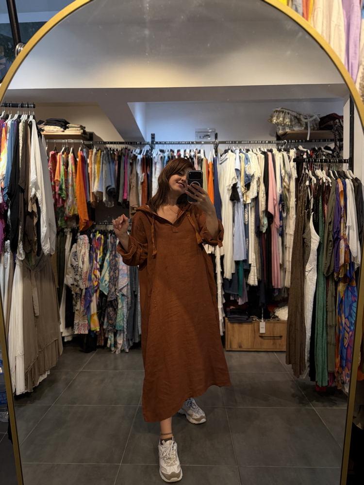 Oversize Kapsonlu Keten Elbise