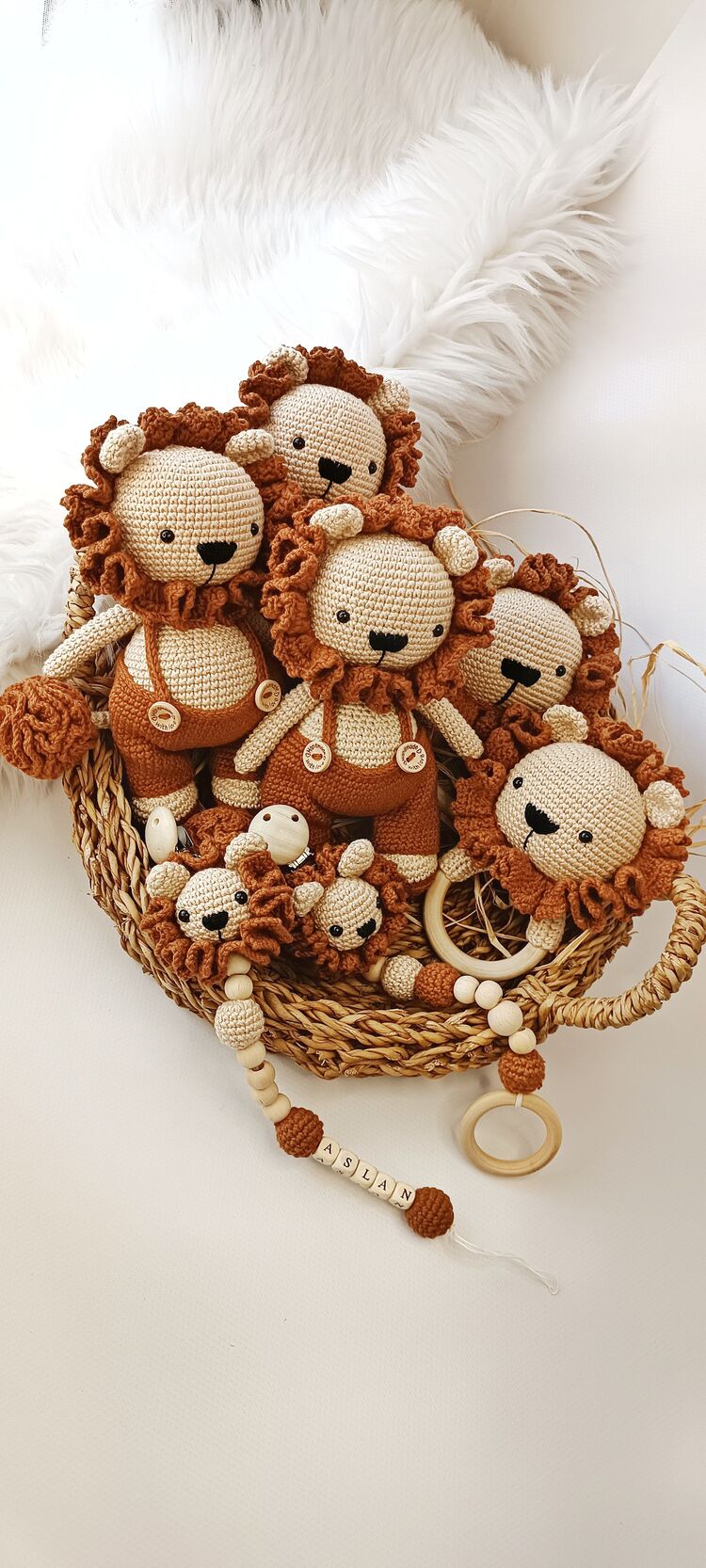 Amigurumi aslan uyku arkadaşı çıngırak diş kaşıyıcı yenidoğan seti