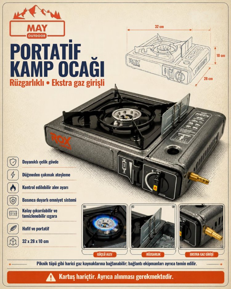 Tekli Portatif Kamp Ocak, Rüzgarlıklı, Ekstra Gaz Girişli