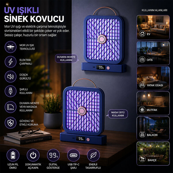 USB ŞARJLI & ELEKTRİK ÇARPMALI & DİJİTAL EKRAN UV IŞIKLI SİNEK KOVUCU