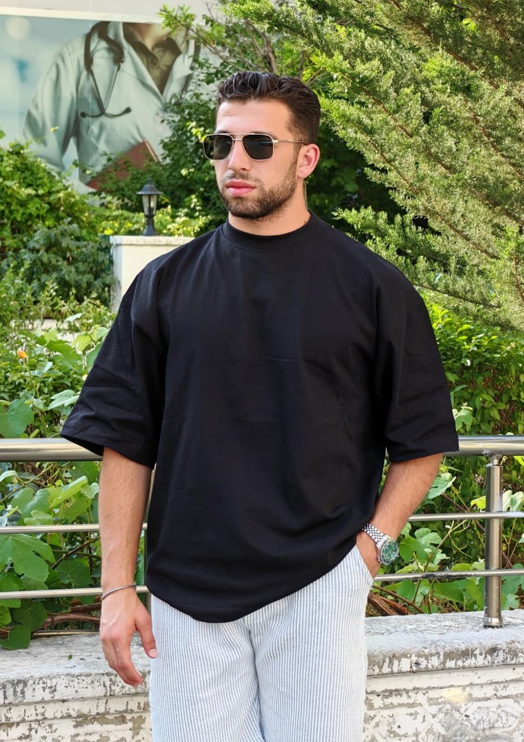 Oversize Basic Bisiklet Yaka Tişört-Siyah