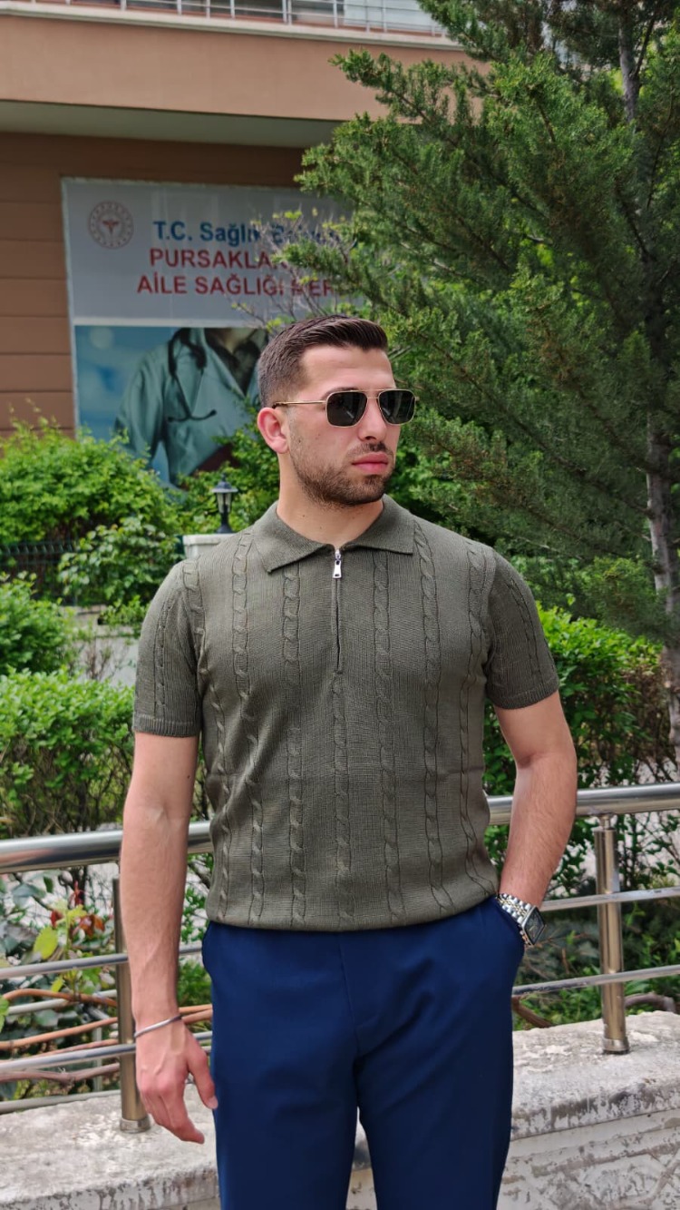 Örgü Desenli Polo Yaka Triko-Haki