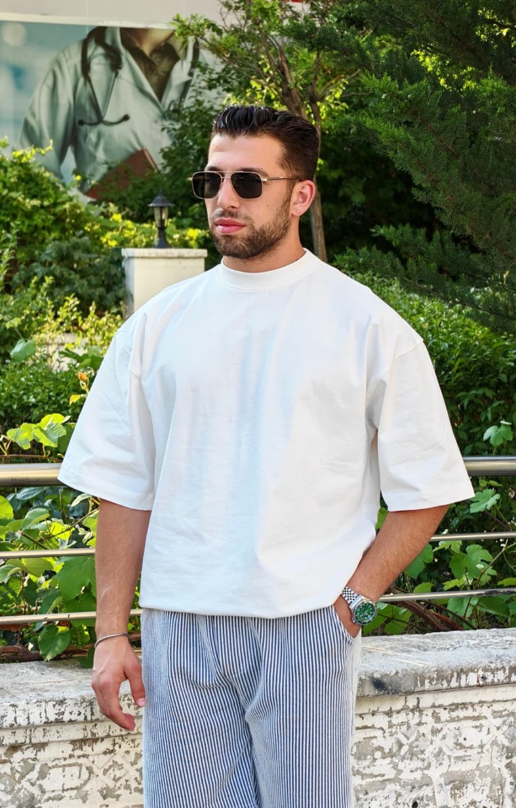 Oversize Basic Bisiklet Yaka Tişört-Beyaz