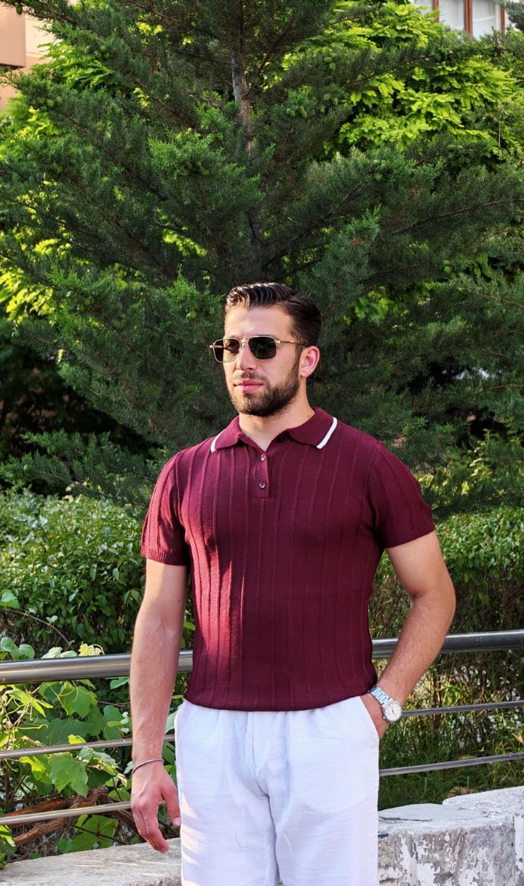 Premium Siyah Polo Yaka Fitilli Triko-Bordo
