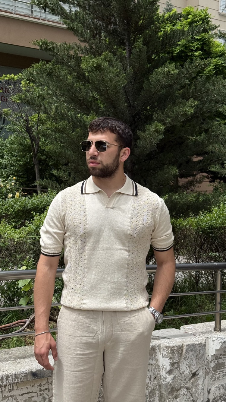 Premium Polo Yaka Örgü Desenli Triko-Bej
