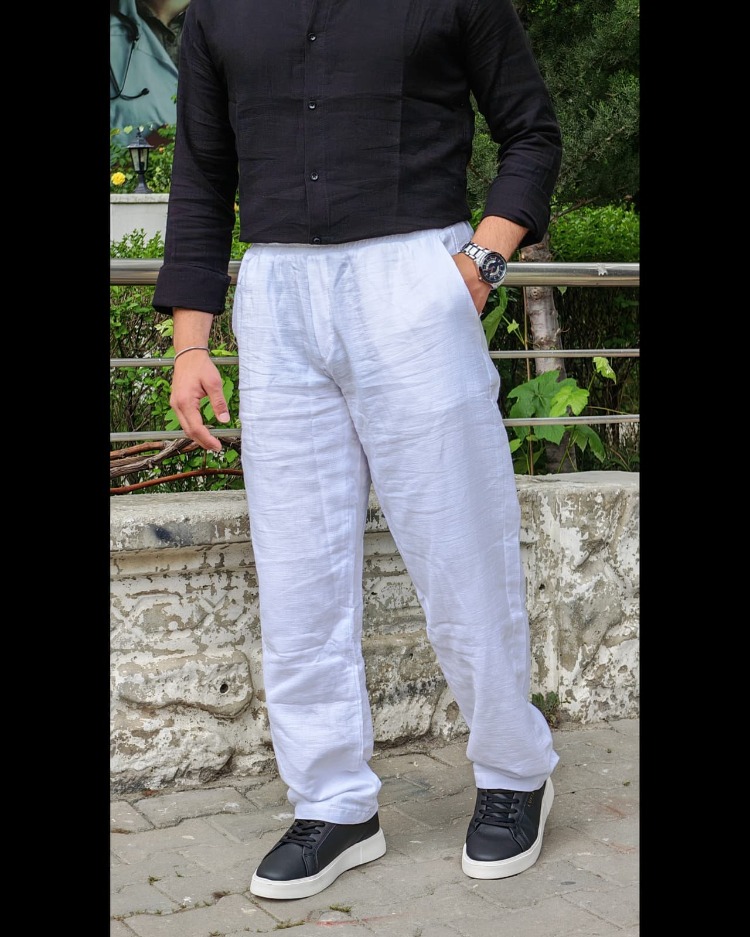 Baggy Yazlık Keten Pantolon-Beyaz