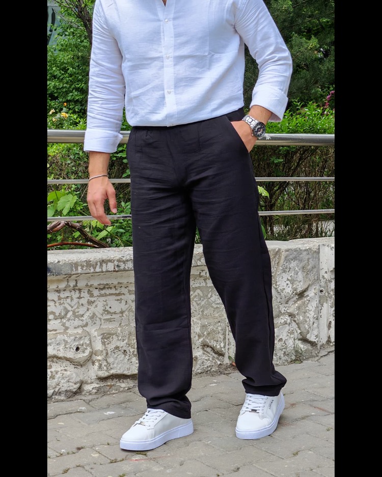 Baggy Yazlık Keten Pantolon-Siyah