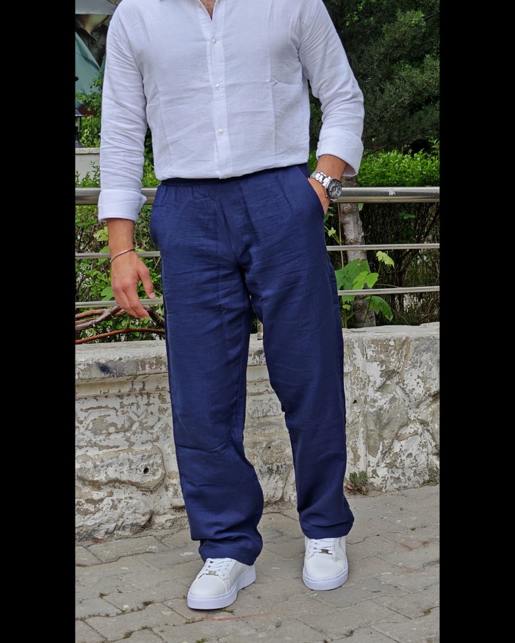 Baggy Yazlık Keten Pantolon-Lacivert