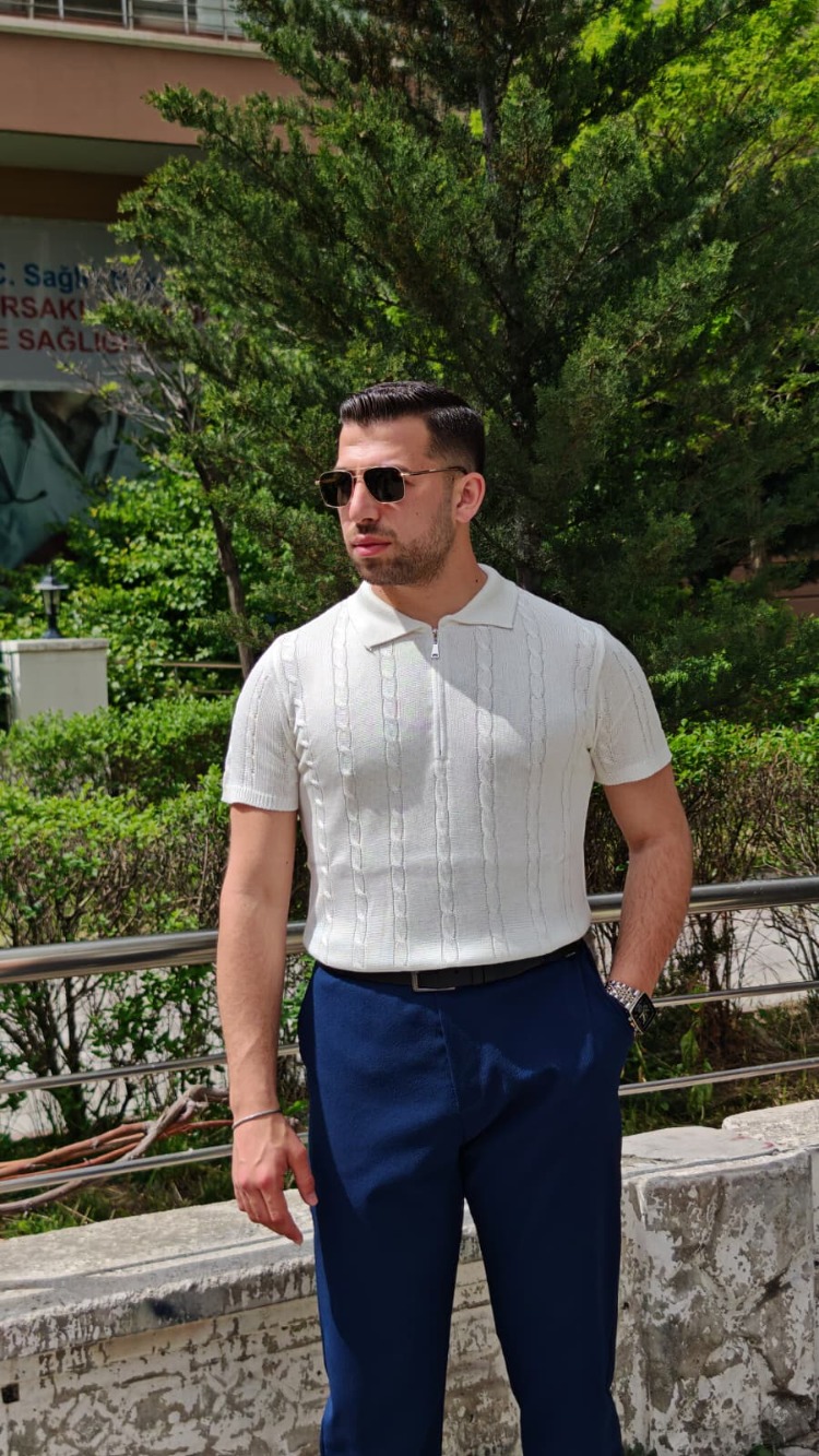 Örgü Desenli Polo Yaka Triko-Beyaz