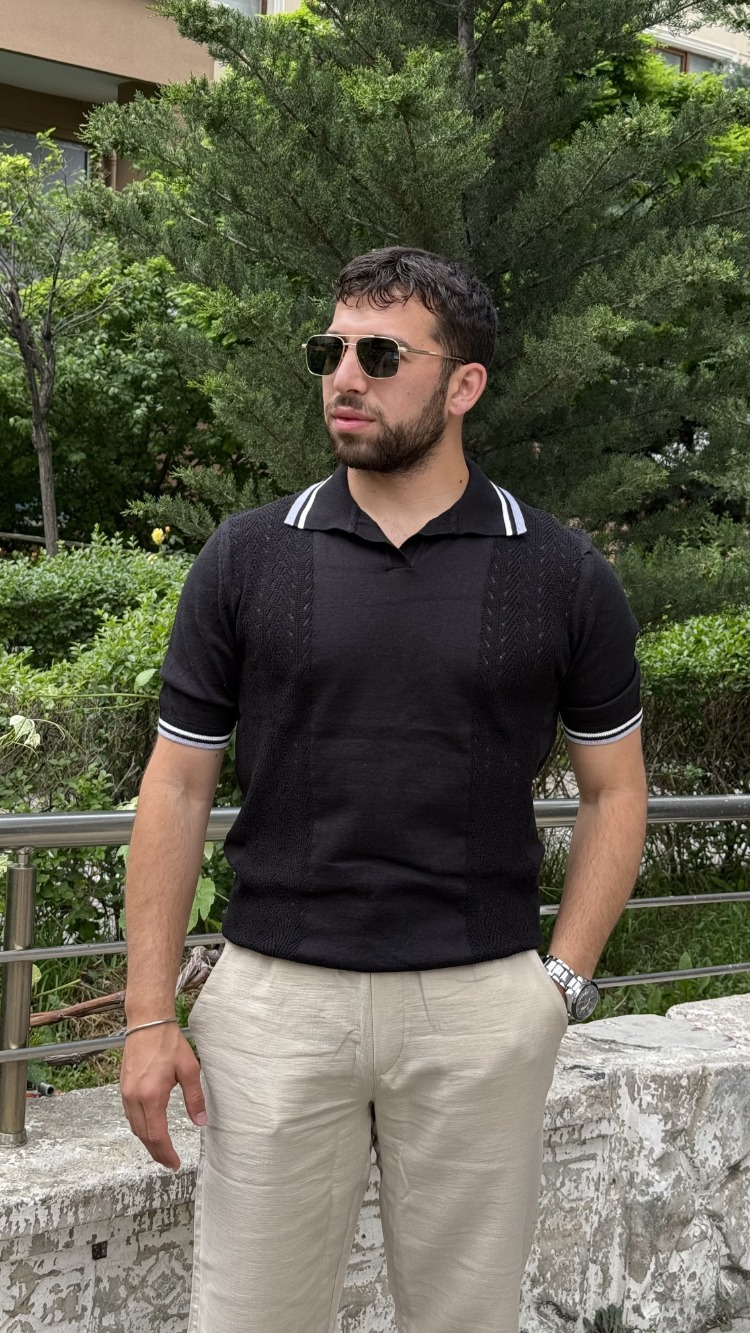 Premium Polo Yaka Örgü Desenli Triko-Siyah