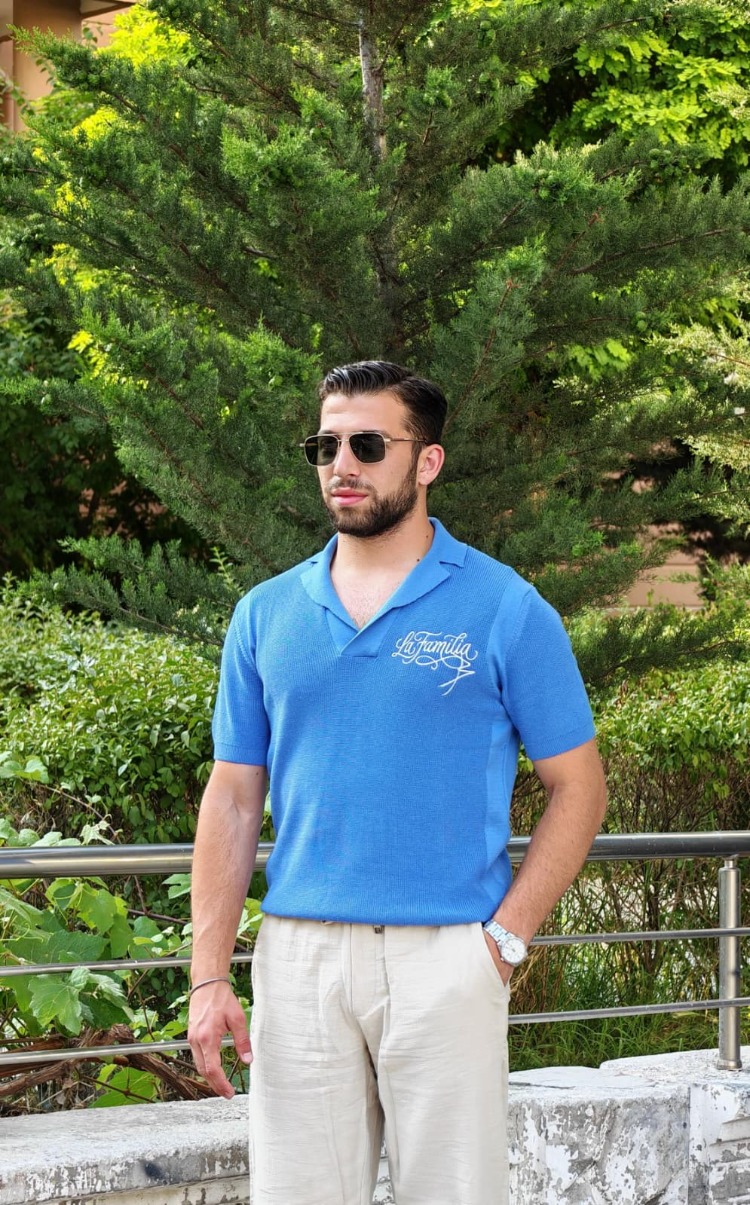 Premium Resort Yaka Nakışlı Triko Tişört-Bebe Mavisi