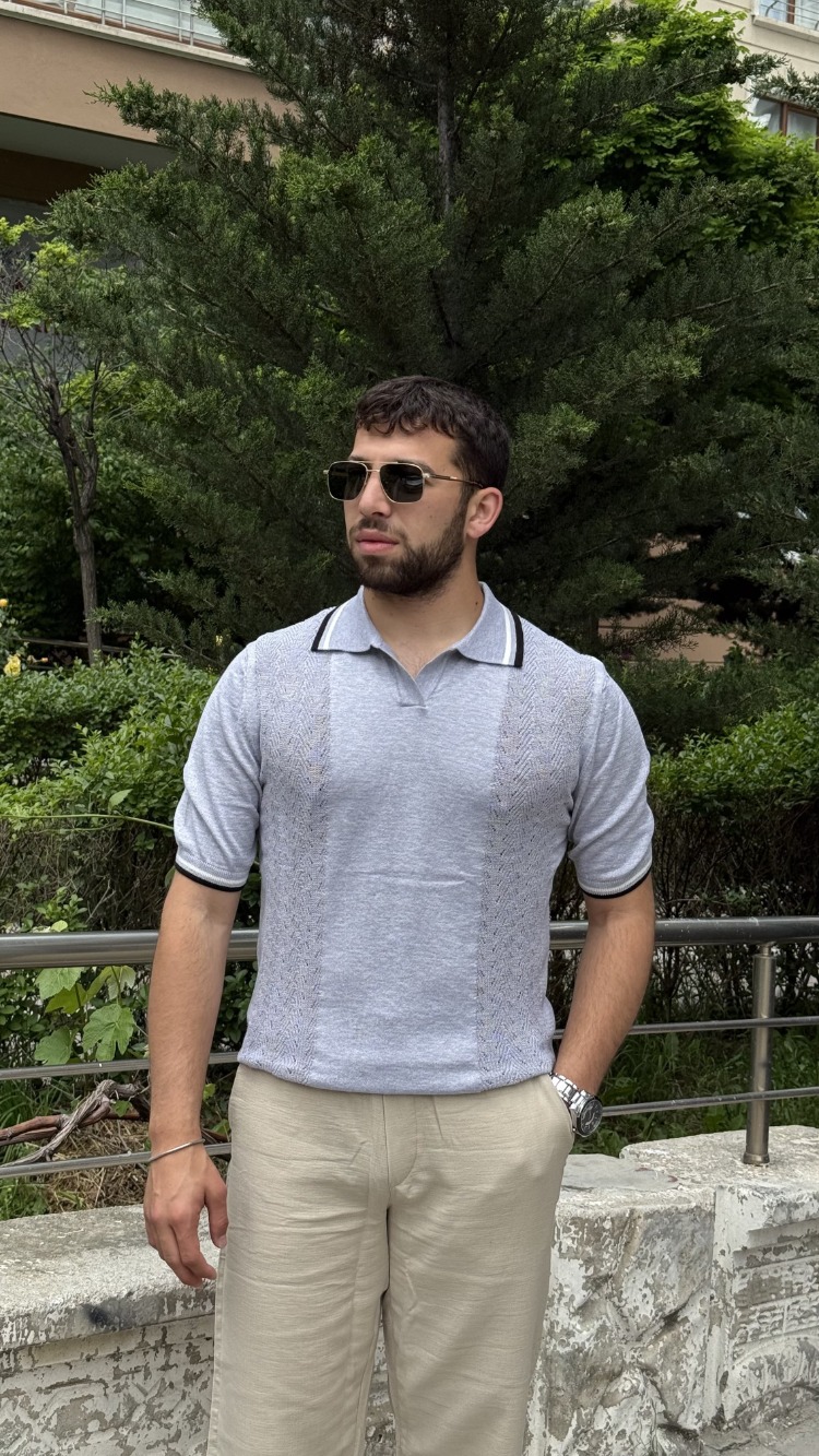 Premium Polo Yaka Örgü Desenli Triko-Gri