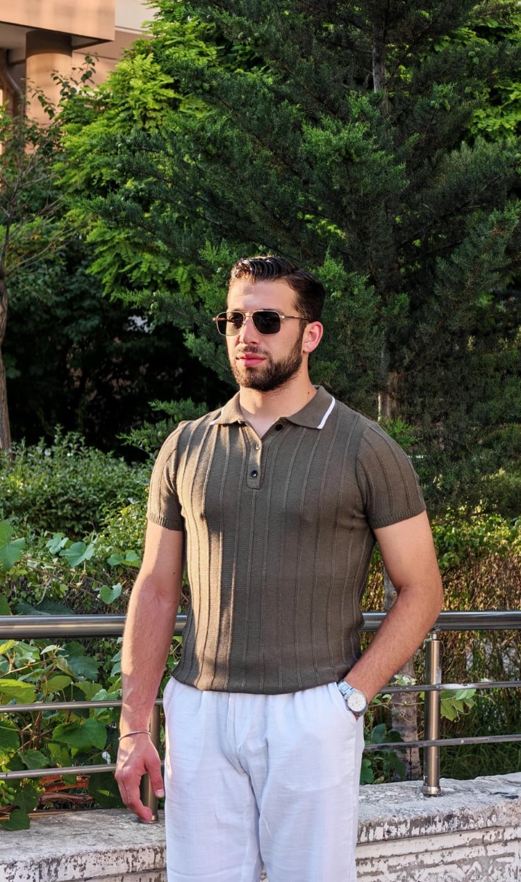 Premium Siyah Polo Yaka Fitilli Triko-Haki