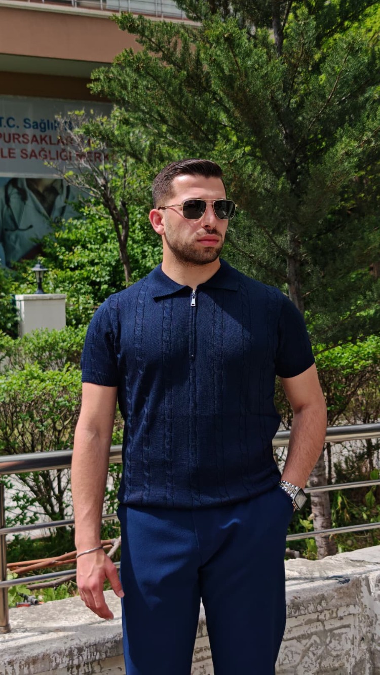Örgü Desenli Polo Yaka Triko-Lacivert