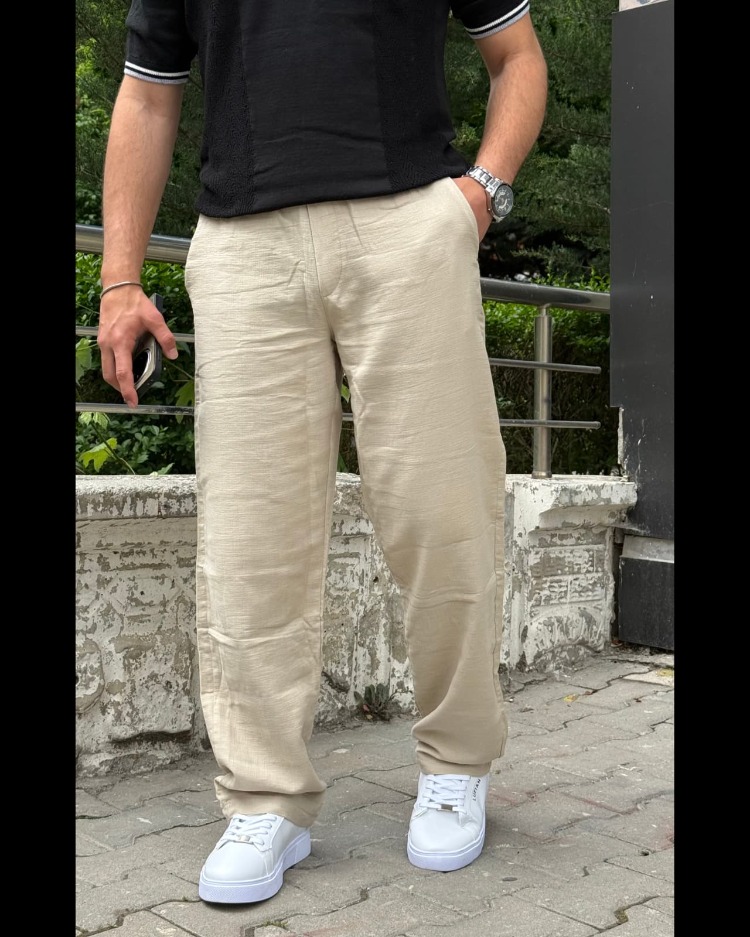 Baggy Yazlık Keten Pantolon-Bej