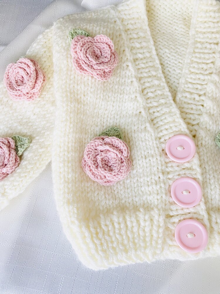 Pembe Gül Aplikeli El Örgüsü Bebek Hırkası