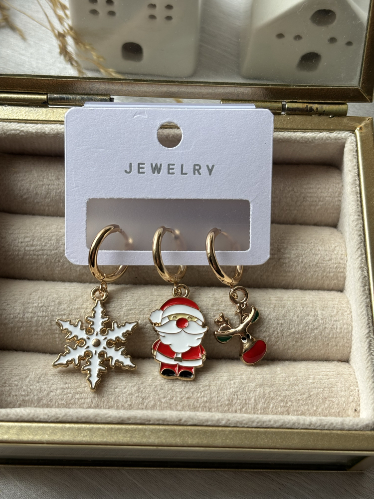 Kar Tanesi Noel Baba Geyik 3’lü Küpe Set 