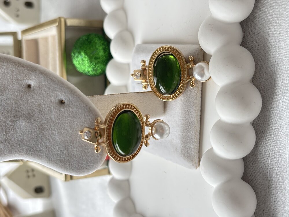 İncili Doğaltaşlı Gold Vintage Küpe