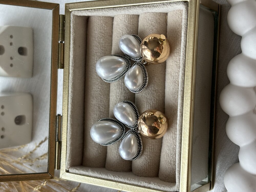 Su Damlası İncili Gold Toplu Küpe 