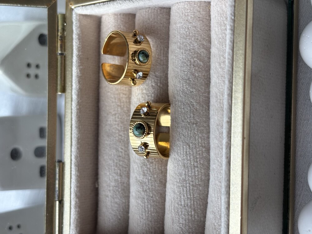 Yeşil Doğal Taşlı Gold Çelik Yüzük