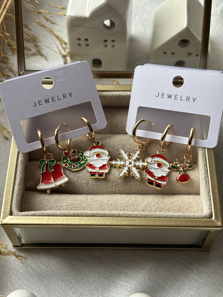 Kar Tanesi Noel Baba Geyik 3’lü Küpe Set 
