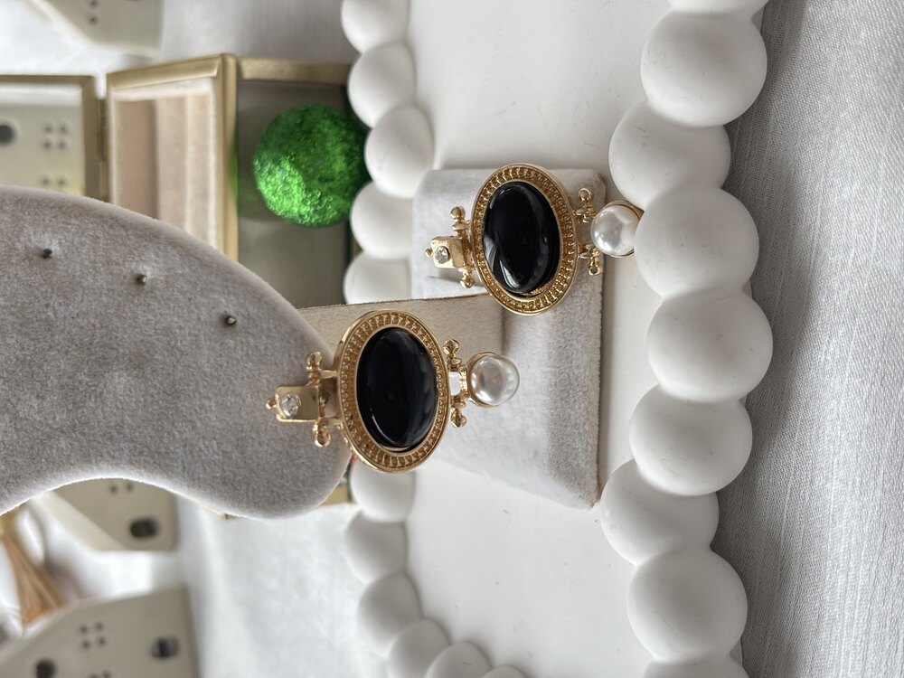 İncili Doğaltaşlı Gold Vintage Küpe