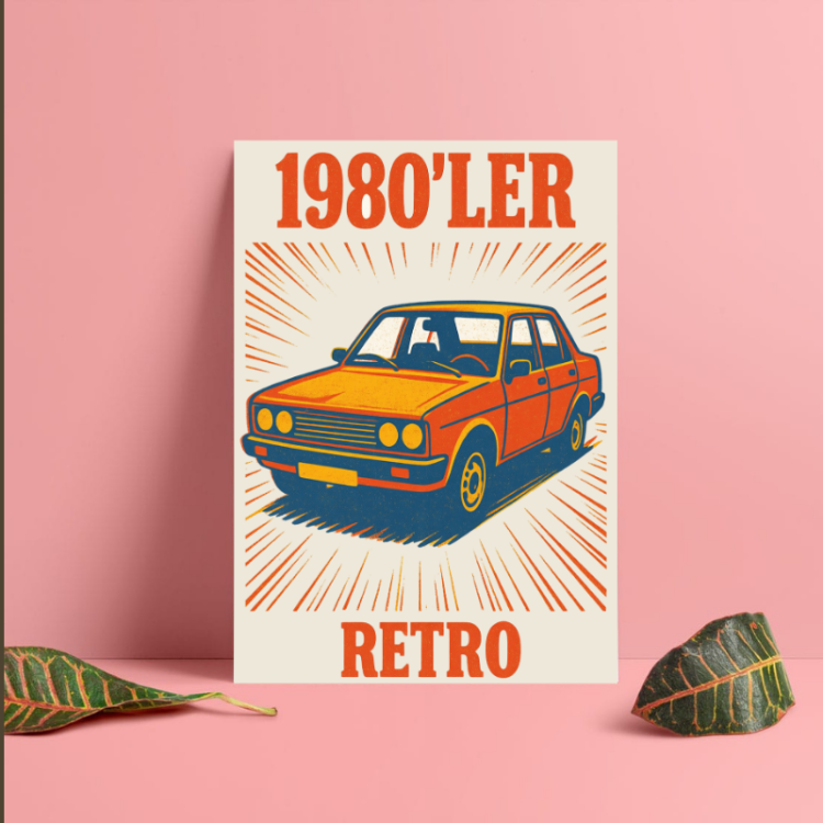 1980'ler Retro Klasik Araba Dijital Poster - Nostaljik Duvar Dekoru A4 PNG (İndirilebilir Ürün)