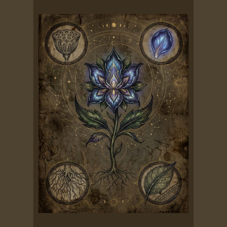 Antik Bilim & Botanik Arşivi: Göksel Astronomi ve Mavi Lotus Dijital İndirilebilir A4 Poster 