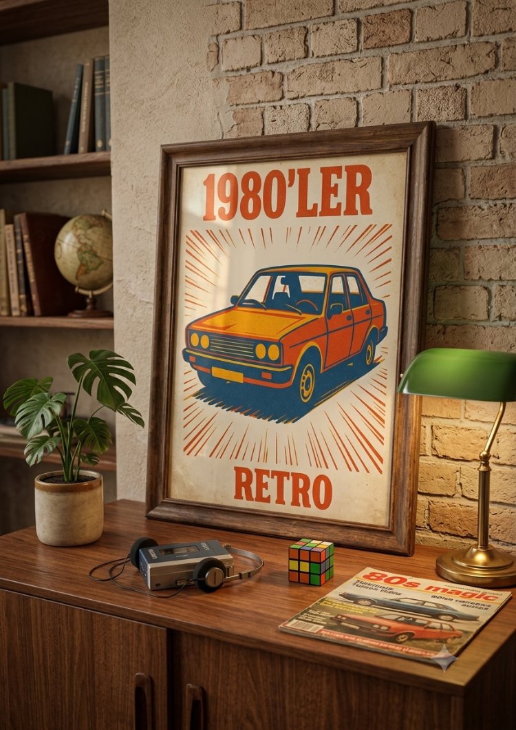 1980'ler Retro Klasik Araba Dijital Poster - Nostaljik Duvar Dekoru A4 PNG (İndirilebilir Ürün)