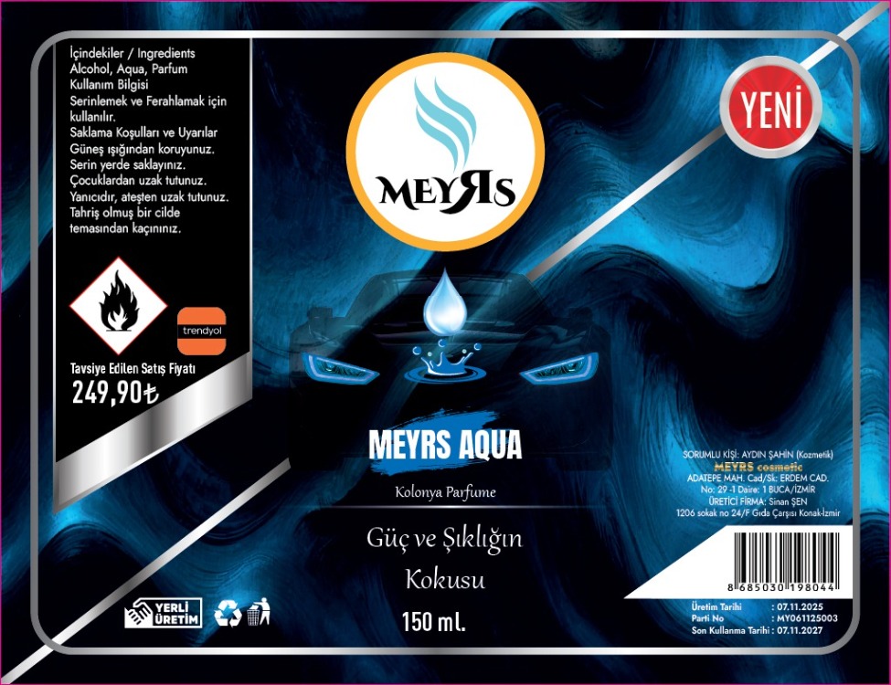 MEYRS 150 ml Parfümlü Kolonya – AQUA – Uzun Kalıcılık – Renkli Şişe